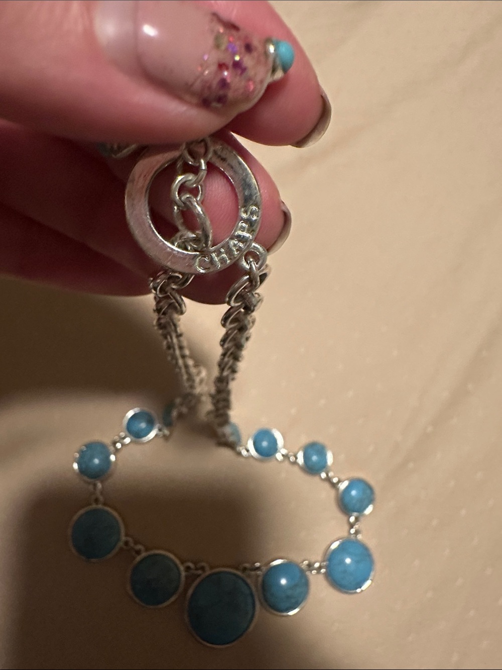 Chaps Silver-Tone Turquoise Blue Graduated Stone Necklace - Picture 2 of 3